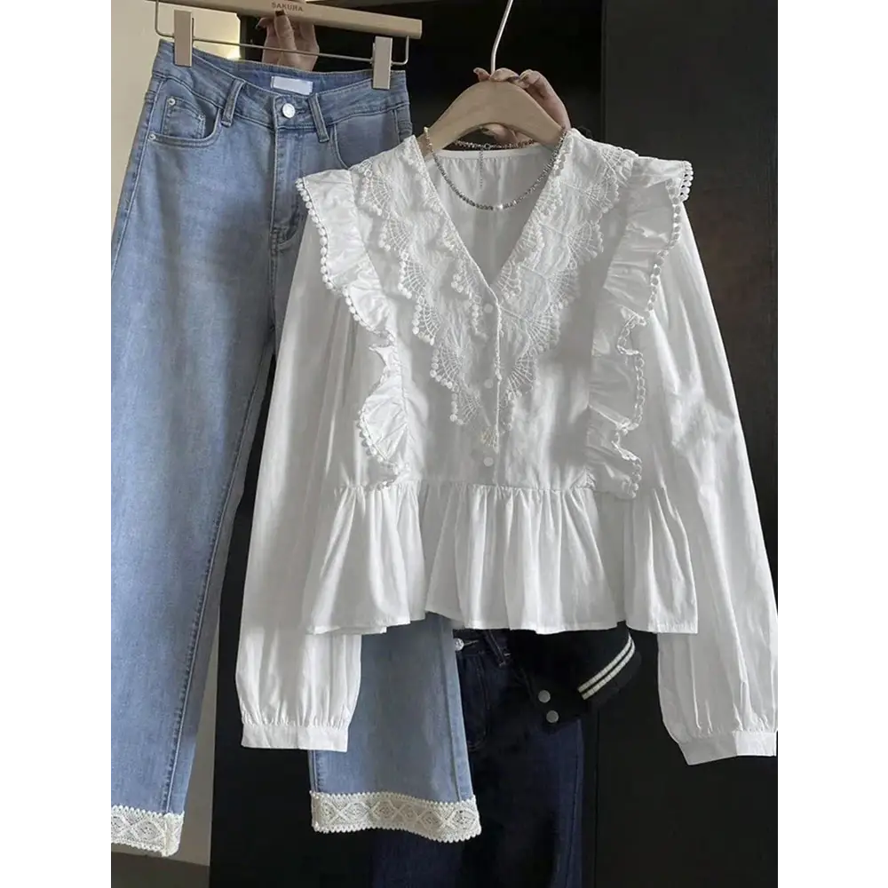 Plus Size 2025 Autumn New Arrivals Women’s Casual Solid-Colour Lace-Panel Ruffled Long-Sleeved Top Fashionable