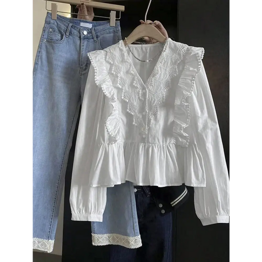 Plus Size 2025 Autumn New Arrivals Women’s Casual Solid-Colour Lace-Panel Ruffled Long-Sleeved Top Fashionable