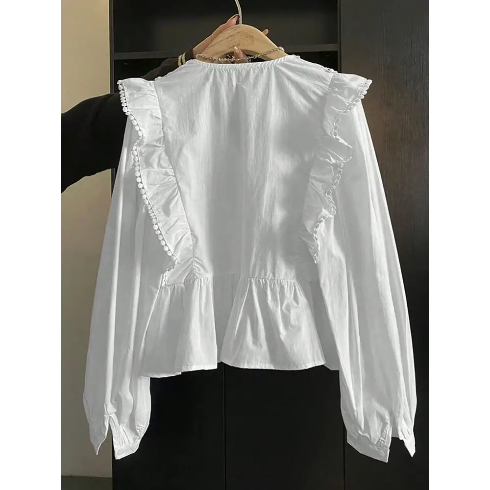 Plus Size 2025 Autumn New Arrivals Women’s Casual Solid-Colour Lace-Panel Ruffled Long-Sleeved Top Fashionable