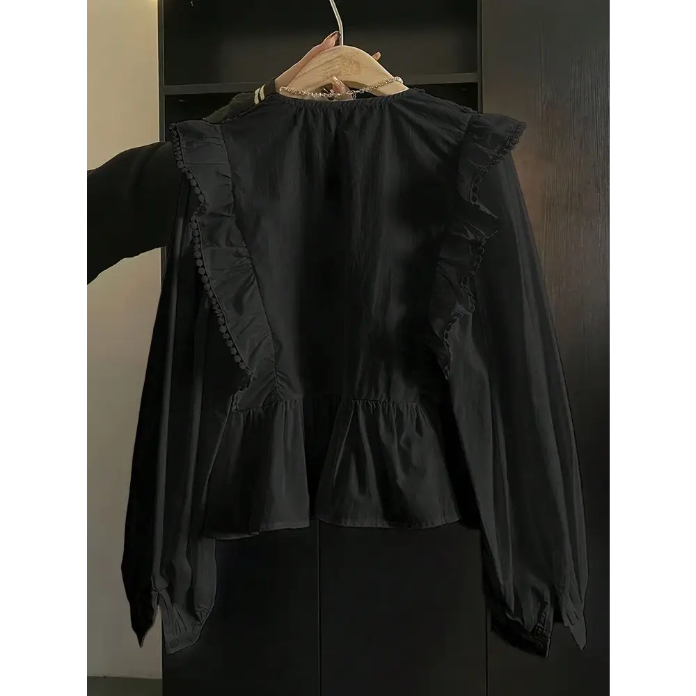 Plus Size 2025 Autumn New Arrivals Women’s Casual Solid-Colour Lace-Panel Ruffled Long-Sleeved Top Fashionable