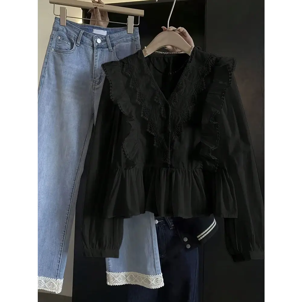 Plus Size 2025 Autumn New Arrivals Women’s Casual Solid-Colour Lace-Panel Ruffled Long-Sleeved Top Fashionable