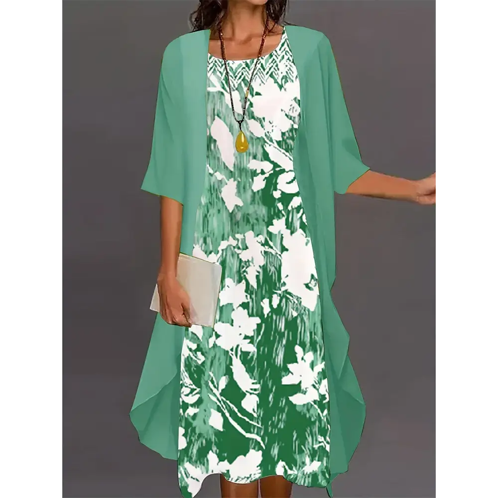 Plus Size 2025 Autumn New Women’s Floral Printed Long Dress Printed Pattern Two-piece Dress Round Neck Temperament