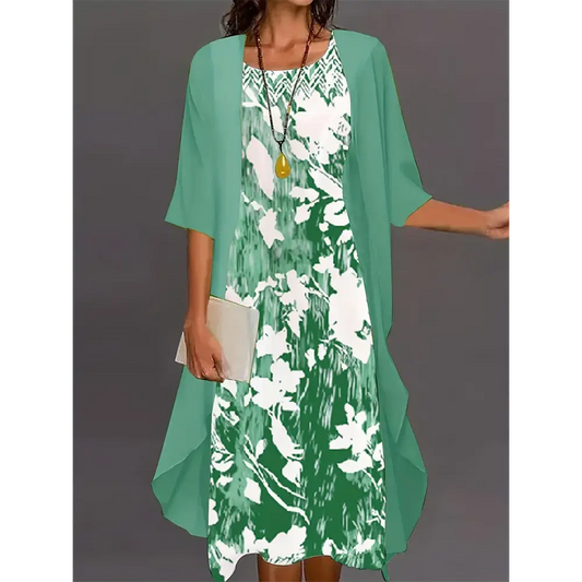 Plus Size 2025 Autumn New Women’s Floral Printed Long Dress Printed Pattern Two-piece Dress Round Neck Temperament