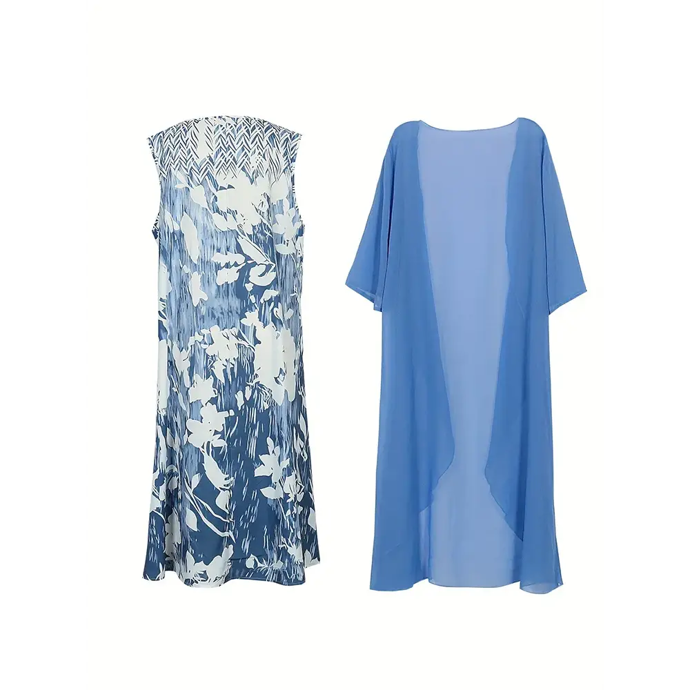 Plus Size 2025 Autumn New Women’s Floral Printed Long Dress Printed Pattern Two-piece Dress Round Neck Temperament