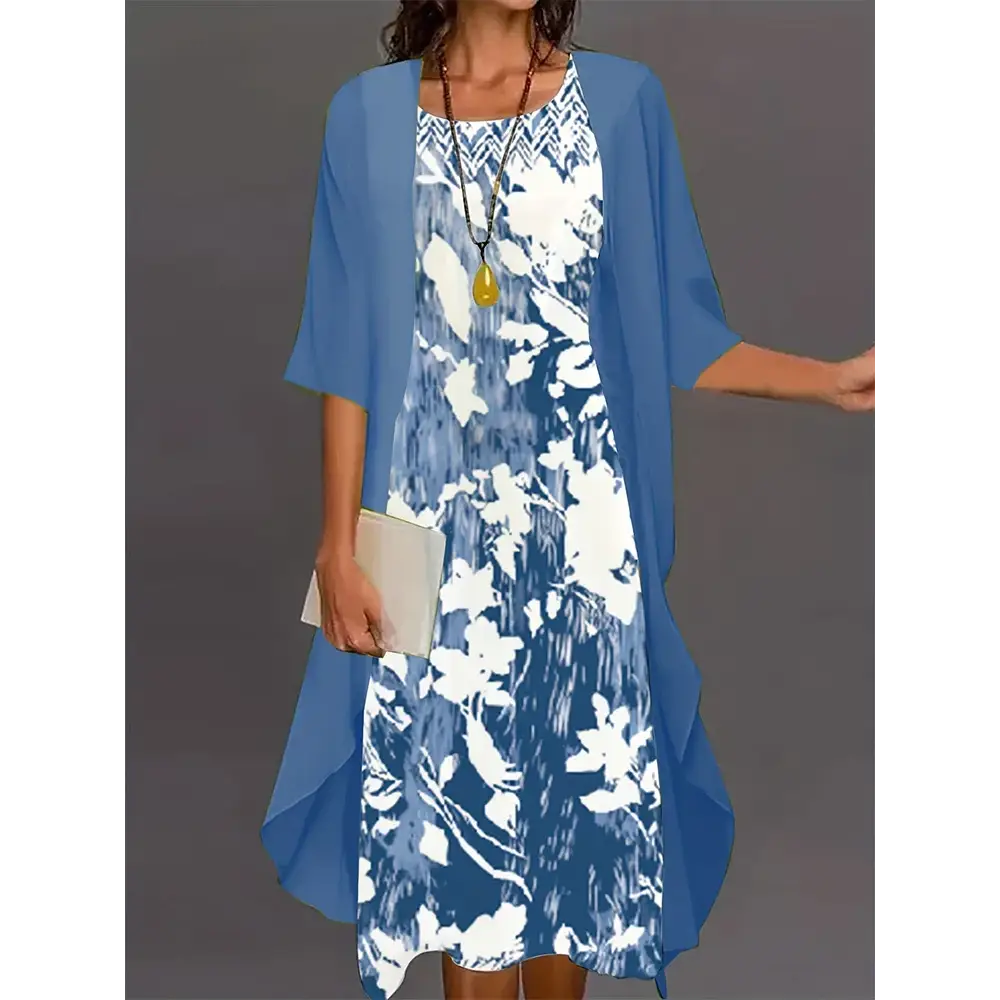 Plus Size 2025 Autumn New Women’s Floral Printed Long Dress Printed Pattern Two-piece Dress Round Neck Temperament