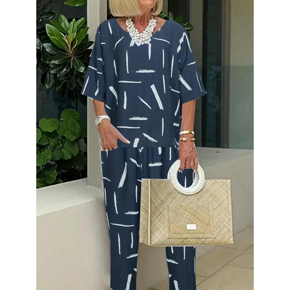 Plus Size 2025 Summer New Women’s Irregular Pattern Round Neck Short Sleeve Top Elastic Waist Trousers Basic 2 Piece