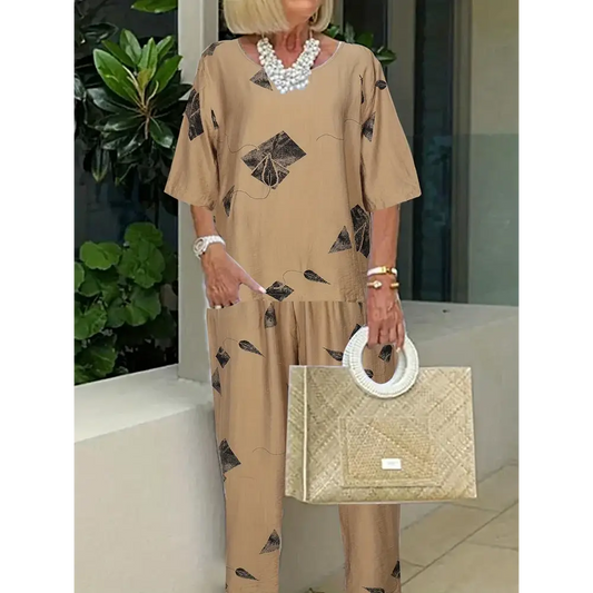 Plus Size 2025 Summer New Women’s Irregular Pattern Round Neck Short Sleeve Top Elastic Waist Trousers Basic 2 Piece