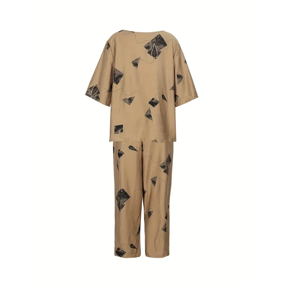 Plus Size 2025 Summer New Women’s Irregular Pattern Round Neck Short Sleeve Top Elastic Waist Trousers Basic 2 Piece Set