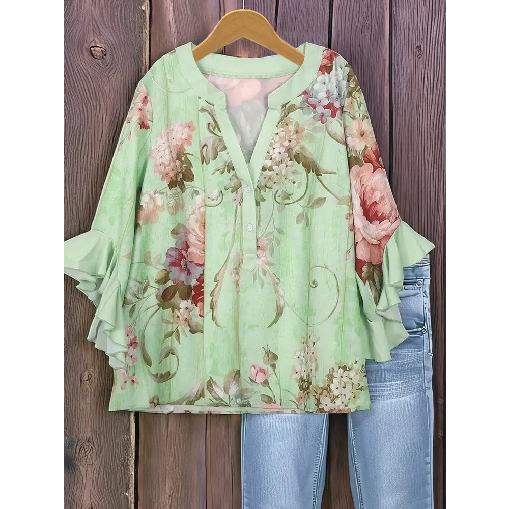 Plus Size Early Autumn Women’s Vintage Floral Print Ruffled Sleeve Top Pullover Small V-Neck Casual Wear Travel - Green