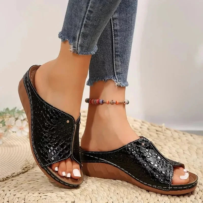 The Lady's Haven Boutique plus size gladiator sandals black open toe wedges with textured finish