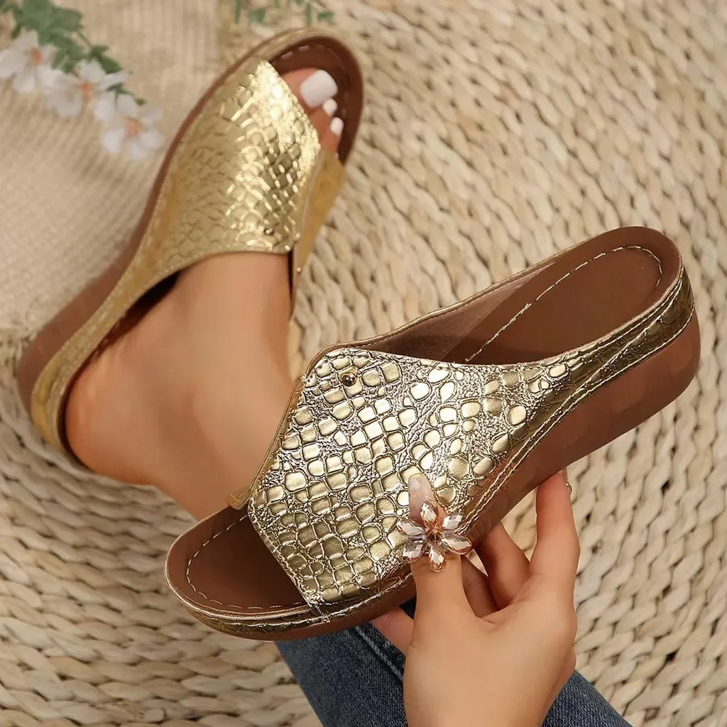 The Lady's Haven Boutique gold open-toe plus size gladiator sandals with textured upper and floral detail