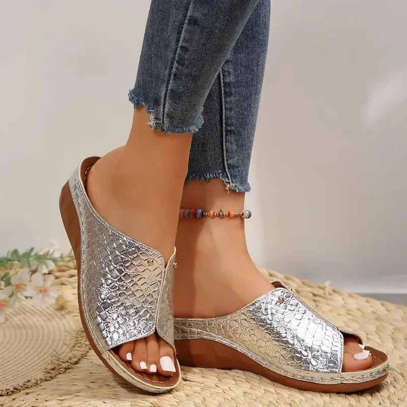 Silver plus size gladiator sandals with textured metallic upper and open toe design