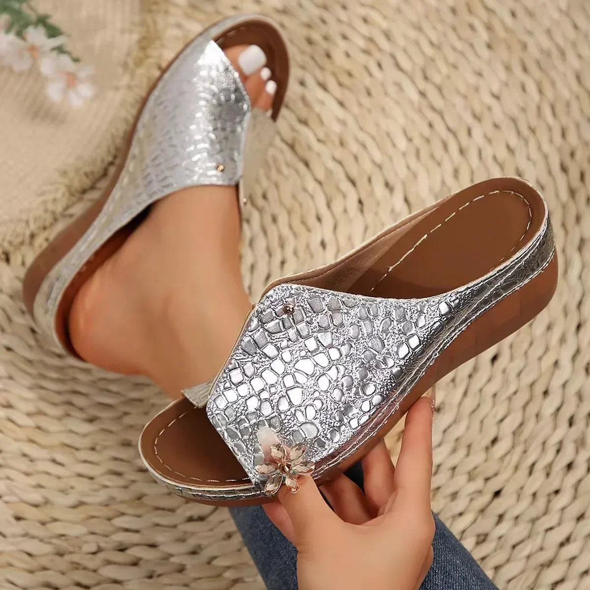 Silver textured slip-on plus size gladiator sandals with open toes and cushioned soles