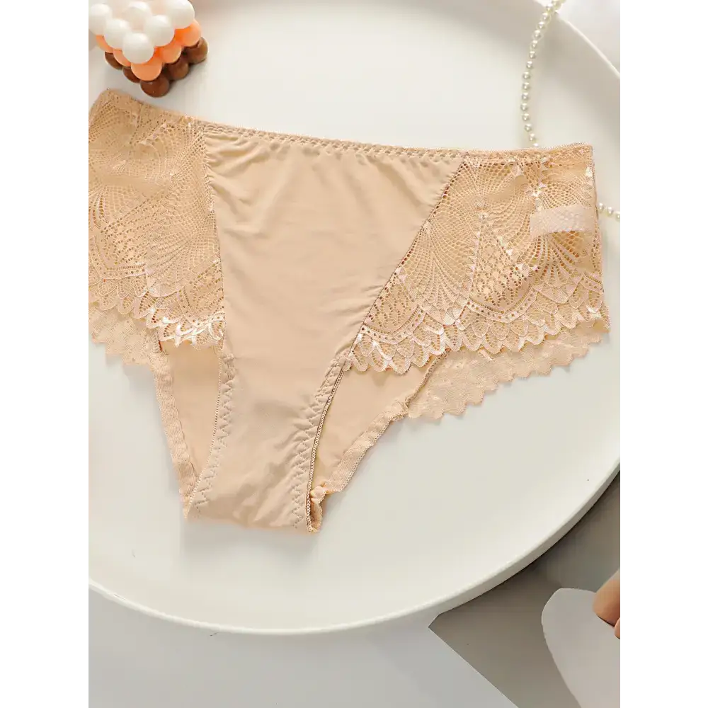 Beige plus size lace underwear for women with delicate floral lace detailing by The Lady's Haven Boutique