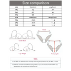 Size comparison chart for plus size lace underwear for women showing waist and length measurements in cm and inches