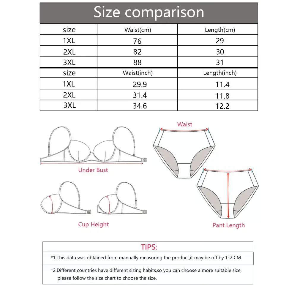 Size comparison chart for plus size lace underwear for women showing waist and length measurements in cm and inches