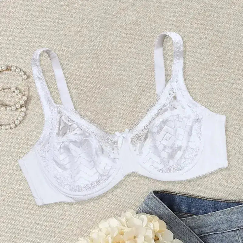 Plus Size Sexy Bra Women's Solid Contrast Embroidery Lace Underwire Full Coverage Bra - The Lady's Haven Boutique