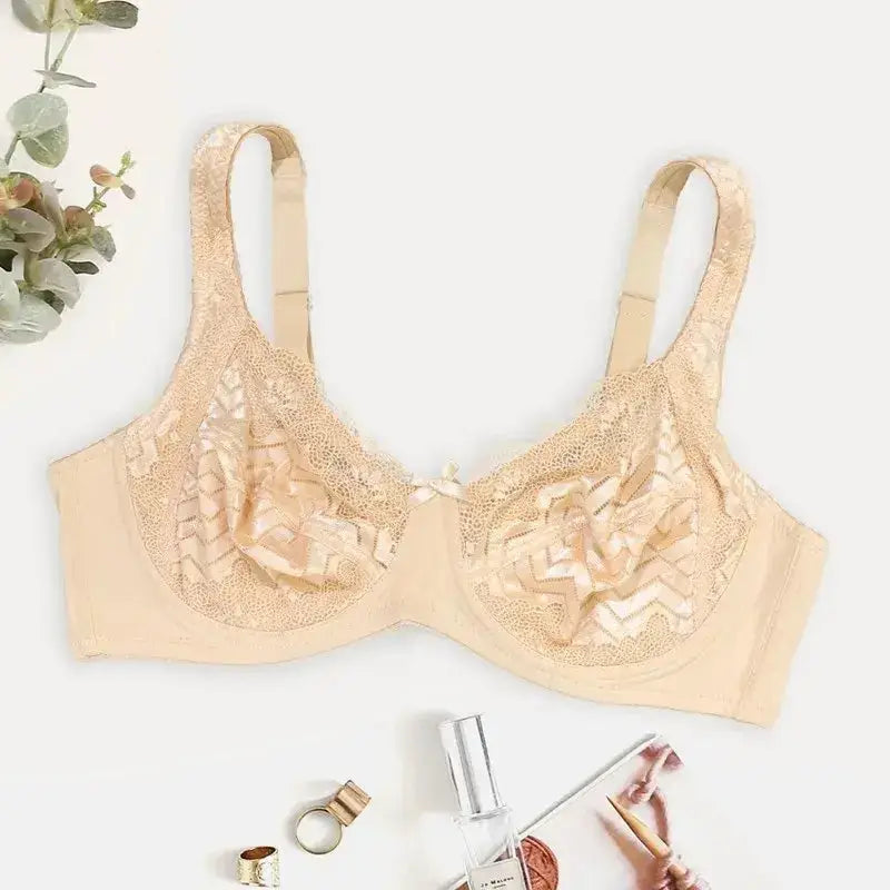 Plus Size Sexy Bra Women's Solid Contrast Embroidery Lace Underwire Full Coverage Bra - The Lady's Haven Boutique