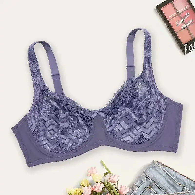 Plus Size Sexy Bra Women's Solid Contrast Embroidery Lace Underwire Full Coverage Bra - The Lady's Haven Boutique
