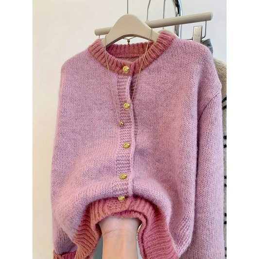 Plus Size Women’s Autumn/Winter Casual Colour-Blocked Patchwork Knitwear Single-Breasted Front Placket Versatile Knit