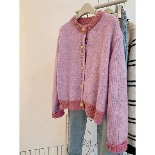 Plus Size Women’s Autumn/Winter Casual Colour-Blocked Patchwork Knitwear Single-Breasted Front Placket Versatile Knit