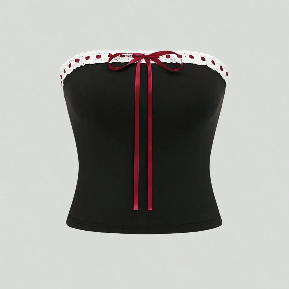 Plus size Women’s Elegant tie with Bow Tie Tops Y2K Suit Breastplain Solid Colour Slim Sexy Polyester T-Shirt - Black