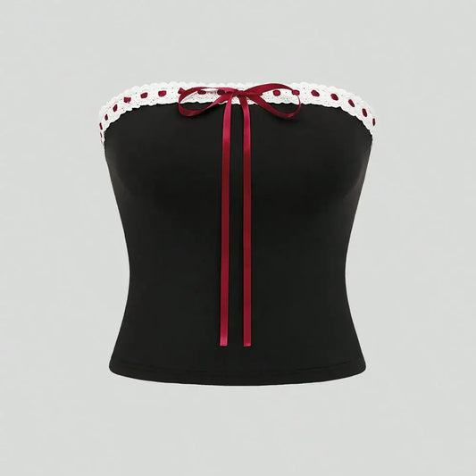 Plus size Women’s Elegant tie with Bow Tie Tops Y2K Suit Breastplain Solid Colour Slim Sexy Polyester T-Shirt - Black