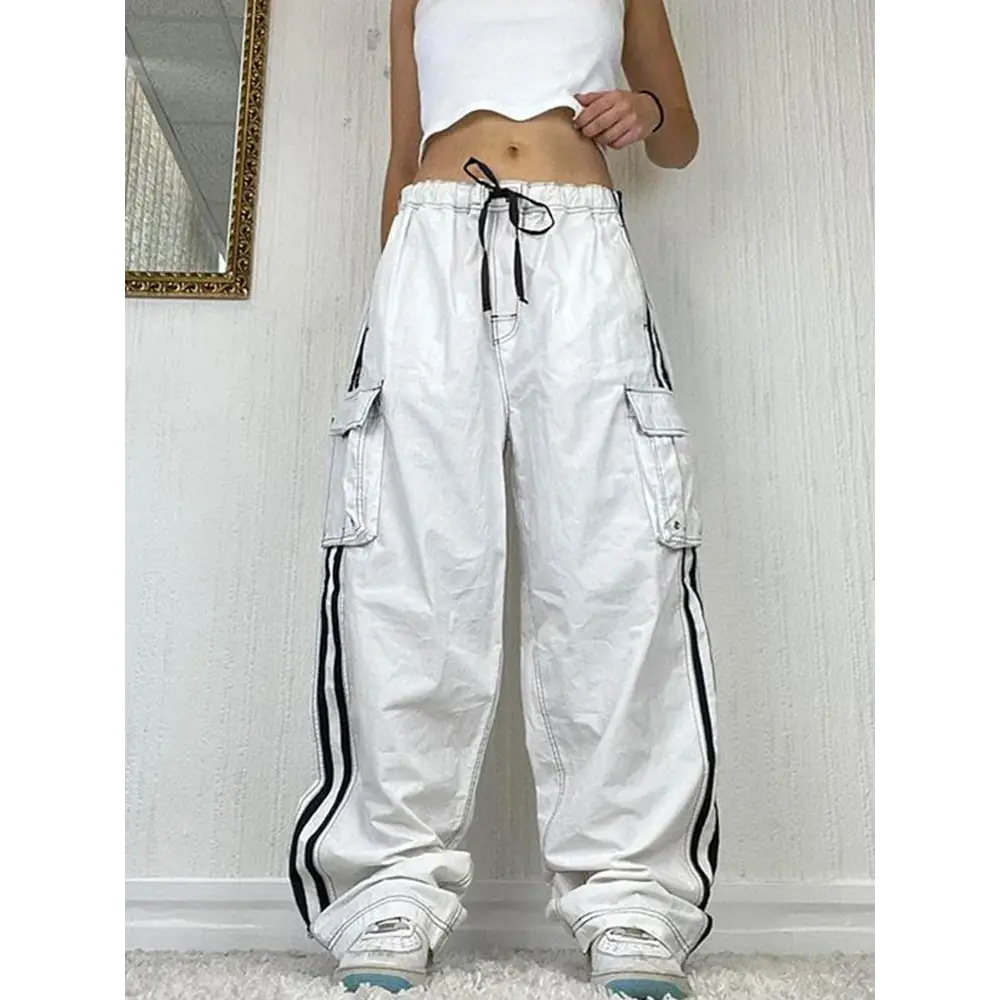 plus Size Women’s Striped Wide Leg Sweatpants Lace-Up Elastic Waist Casual Loose Fit Work Trousers 2025 Fashion Trend