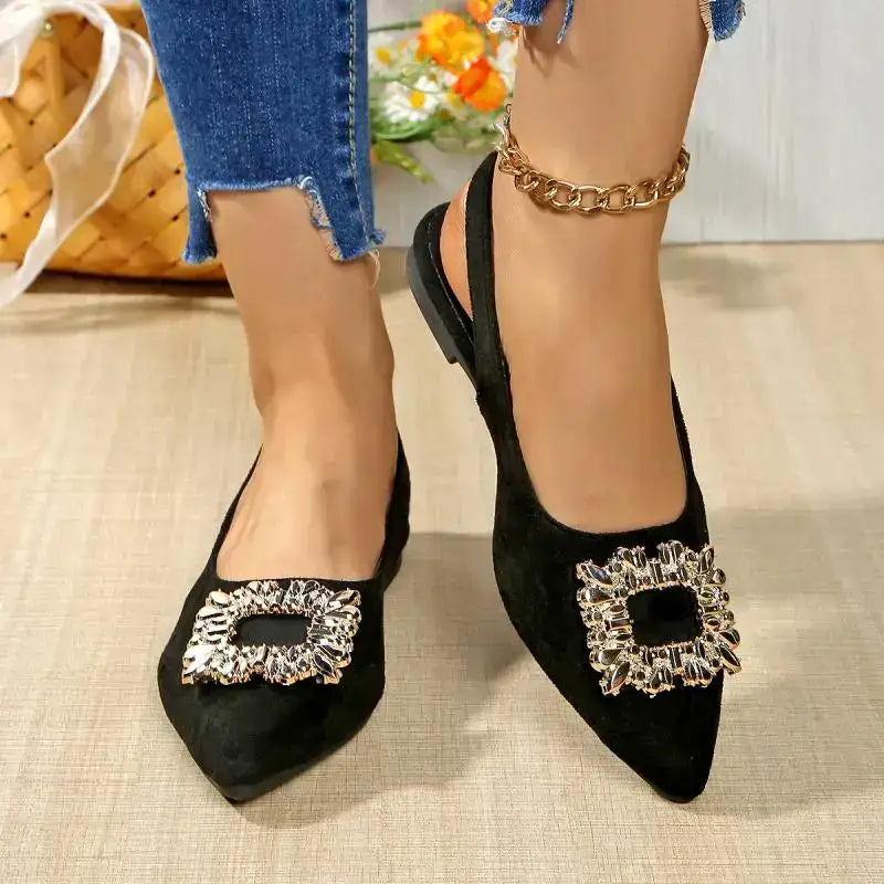 Black pointed toe crystal buckle sandals flat heel sandals from The Lady's Haven Boutique