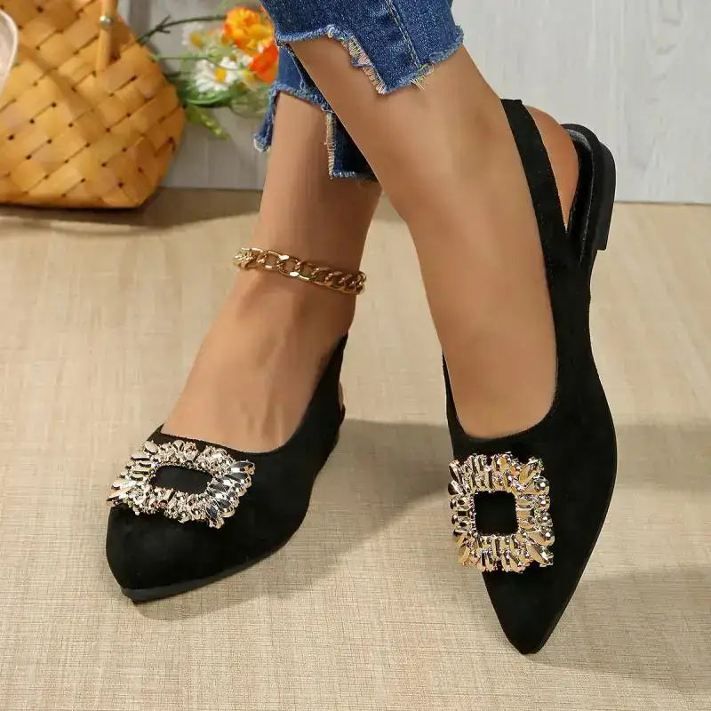 The Lady's Haven Boutique flat heel pointed toe crystal buckle sandals in black suede
