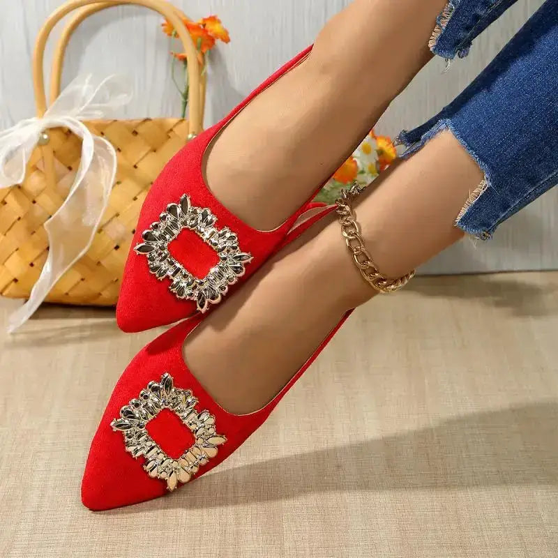 Red pointed toe crystal buckle sandals from The Lady's Haven Boutique with flat heel and decorative crystals