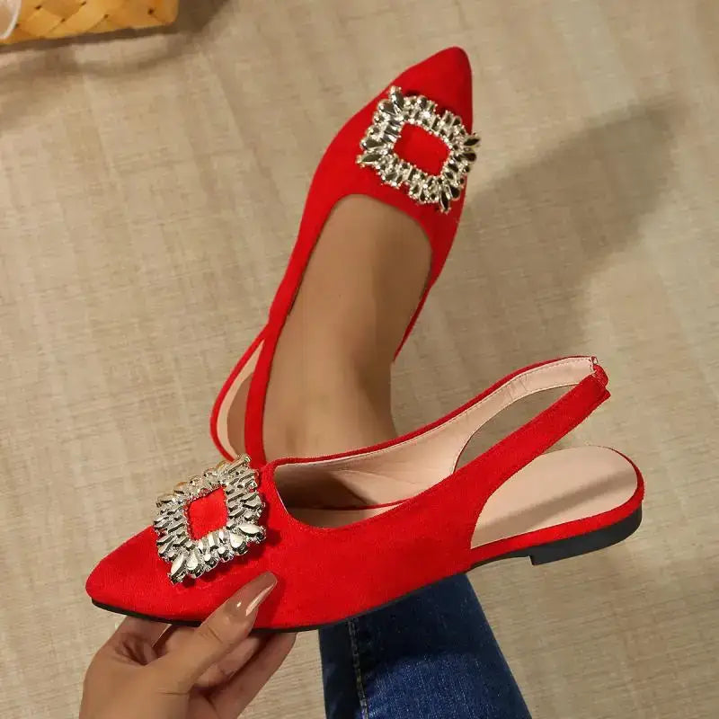 The Lady's Haven Boutique red flat heel pointed toe crystal buckle sandals with slingback design