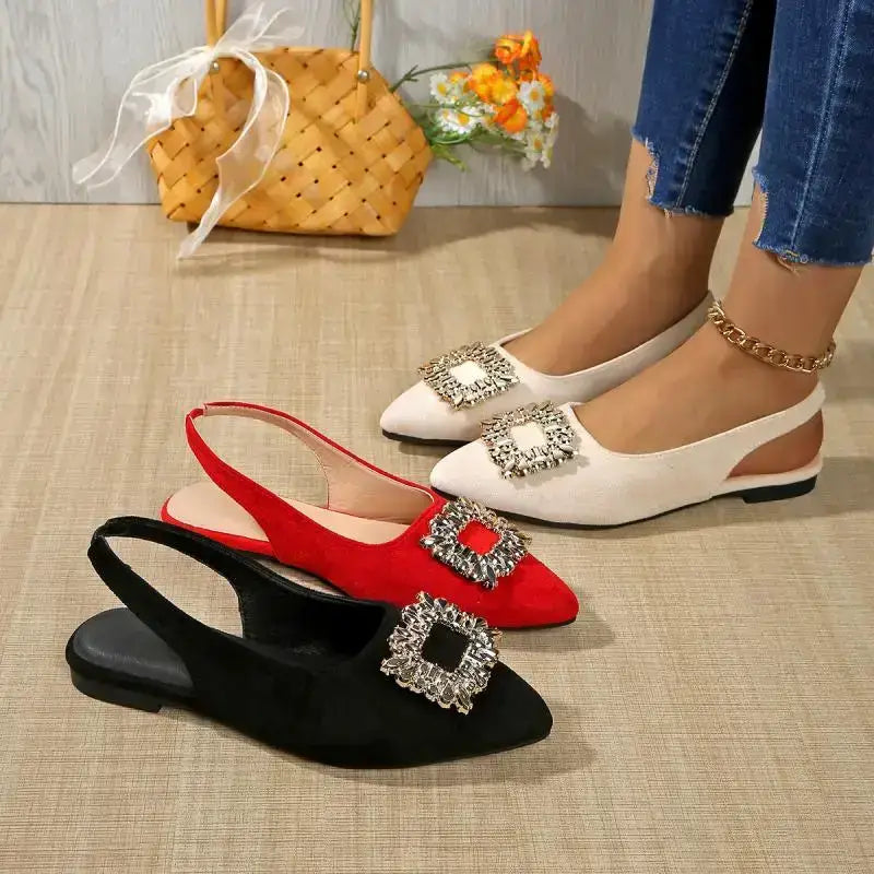 Pointed toe crystal buckle sandals in black red and white flat heel sandals from The Lady's Haven Boutique