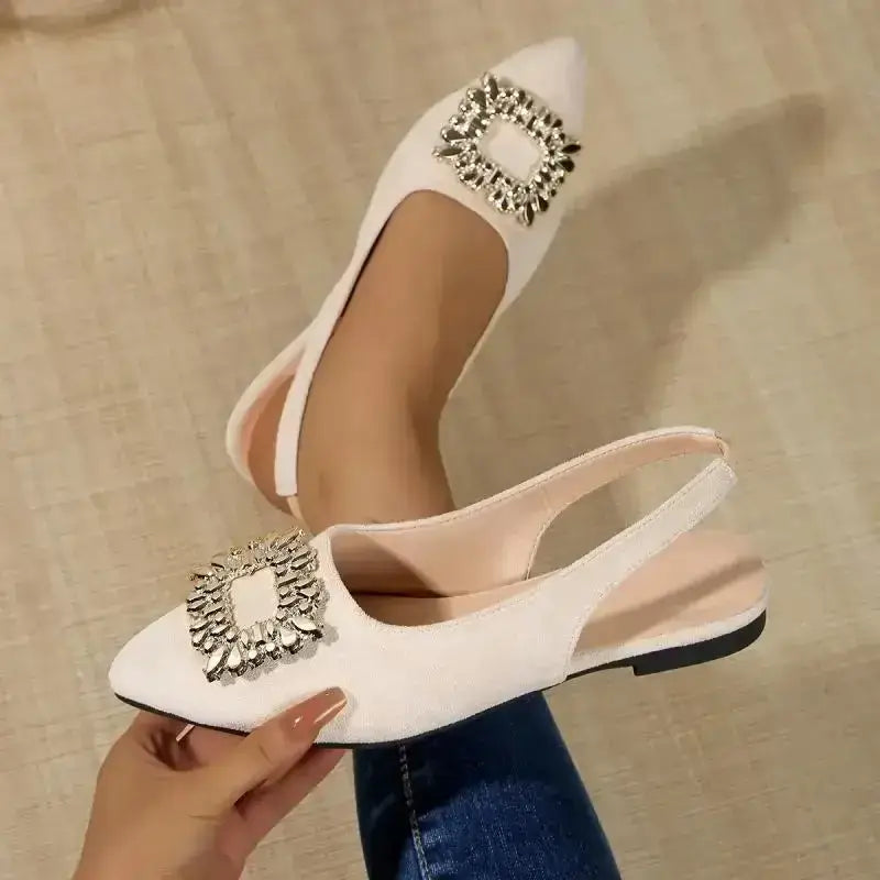 The Lady's Haven Boutique pointed toe crystal buckle sandals flat heel in beige with slingback design