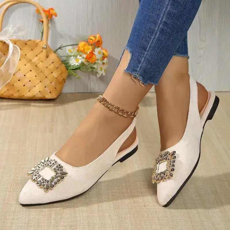 Pointed toe crystal buckle sandals flat heel from The Lady's Haven Boutique in beige with decorative buckles