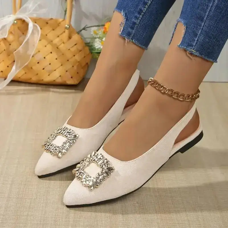 The Lady's Haven Boutique pointed toe crystal buckle sandals flat heel white slingback shoes