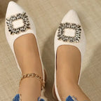 Pointed toe crystal buckle sandals flat heel from The Lady's Haven Boutique in white color