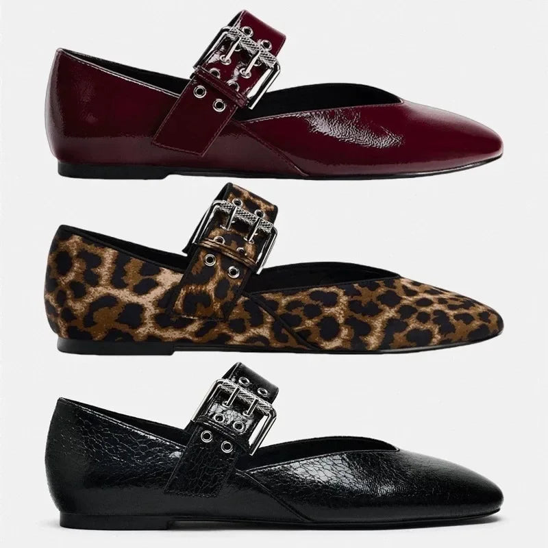 The Lady's Haven Boutique pointed toe flats in burgundy, leopard print, and black with decorative buckles
