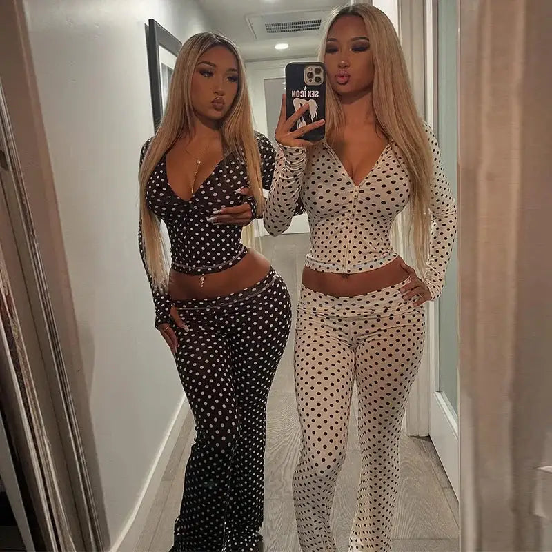 Mozision Polka Dot Pants Set Women Long Sleeve Hooded Tops And Trouser Matching Sets Female Elegant Print Long Pants