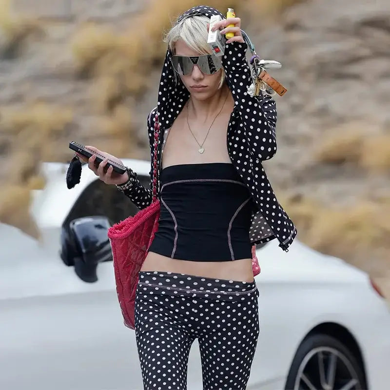 Mozision Polka Dot Pants Set Women Long Sleeve Hooded Tops And Trouser Matching Sets Female Elegant Print Long Pants