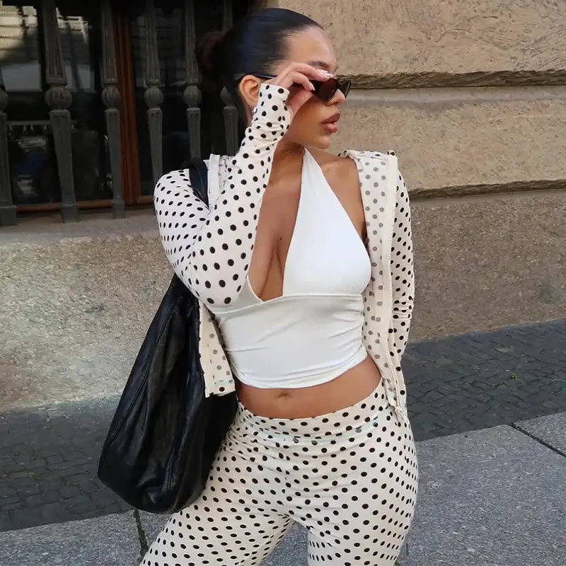 Mozision Polka Dot Pants Set Women Long Sleeve Hooded Tops And Trouser Matching Sets Female Elegant Print Long Pants