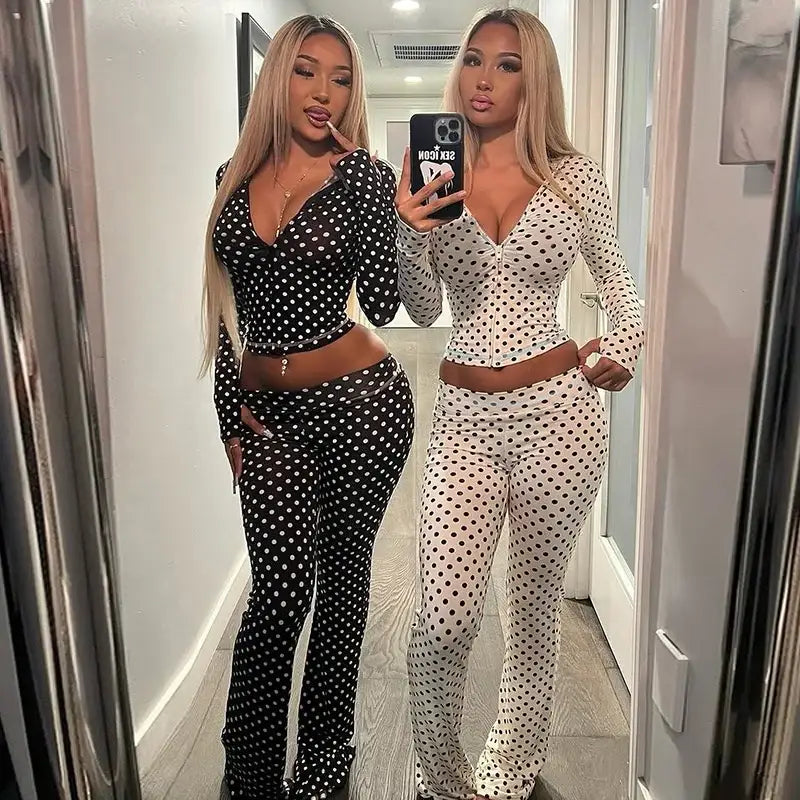 Mozision Polka Dot Pants Set Women Long Sleeve Hooded Tops And Trouser Matching Sets Female Elegant Print Long Pants