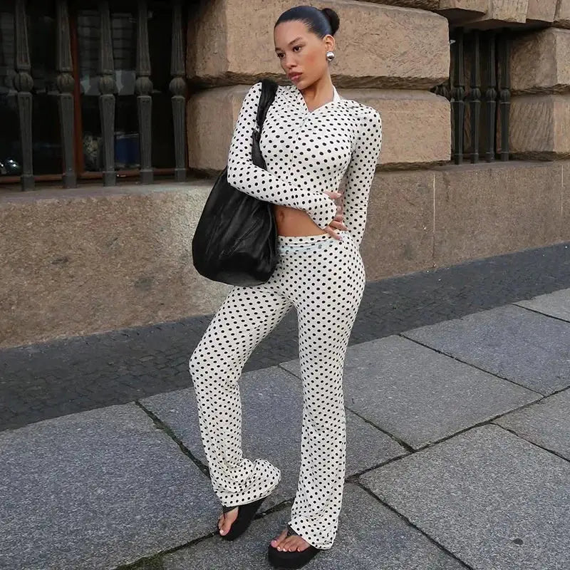 Mozision Polka Dot Pants Set Women Long Sleeve Hooded Tops And Trouser Matching Sets Female Elegant Print Long Pants