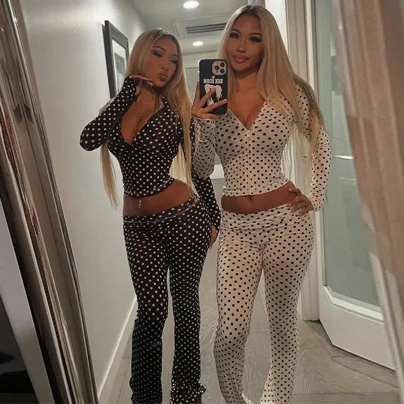 Mozision Polka Dot Pants Set Women Long Sleeve Hooded Tops And Trouser Matching Sets Female Elegant Print Long Pants