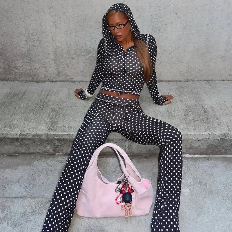 Mozision Polka Dot Pants Set Women Long Sleeve Hooded Tops And Trouser Matching Sets Female Elegant Print Long Pants