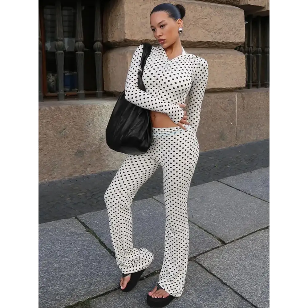Mozision Polka Dot Pants Set Women Long Sleeve Hooded Tops And Trouser Matching Sets Female Elegant Print Long Pants