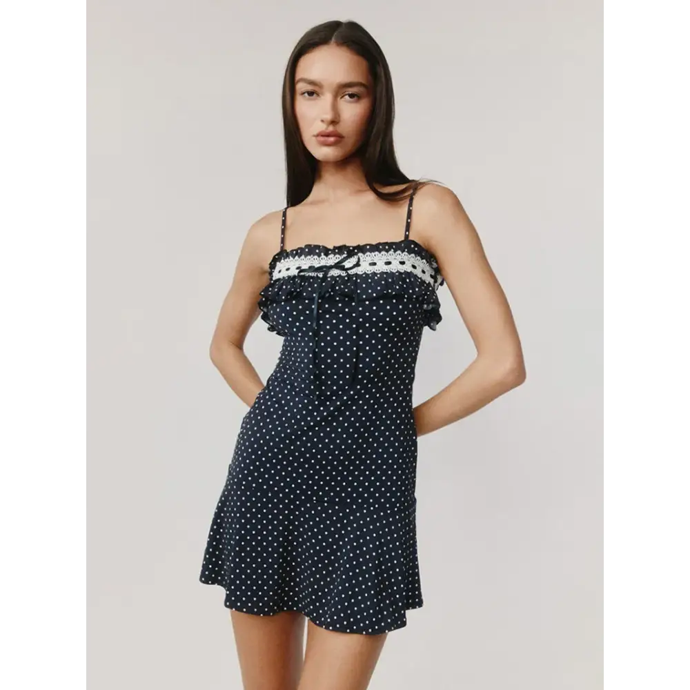 Mozision Spaghetti Strap Polka Dot Mini Dress For Women Robe Contrast Color Off-shoulder Sleeveless Backless Club Party