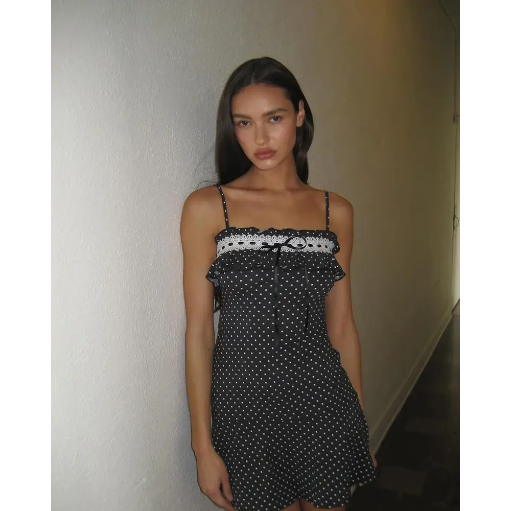 Mozision Spaghetti Strap Polka Dot Mini Dress For Women Robe Contrast Color Off-shoulder Sleeveless Backless Club Party