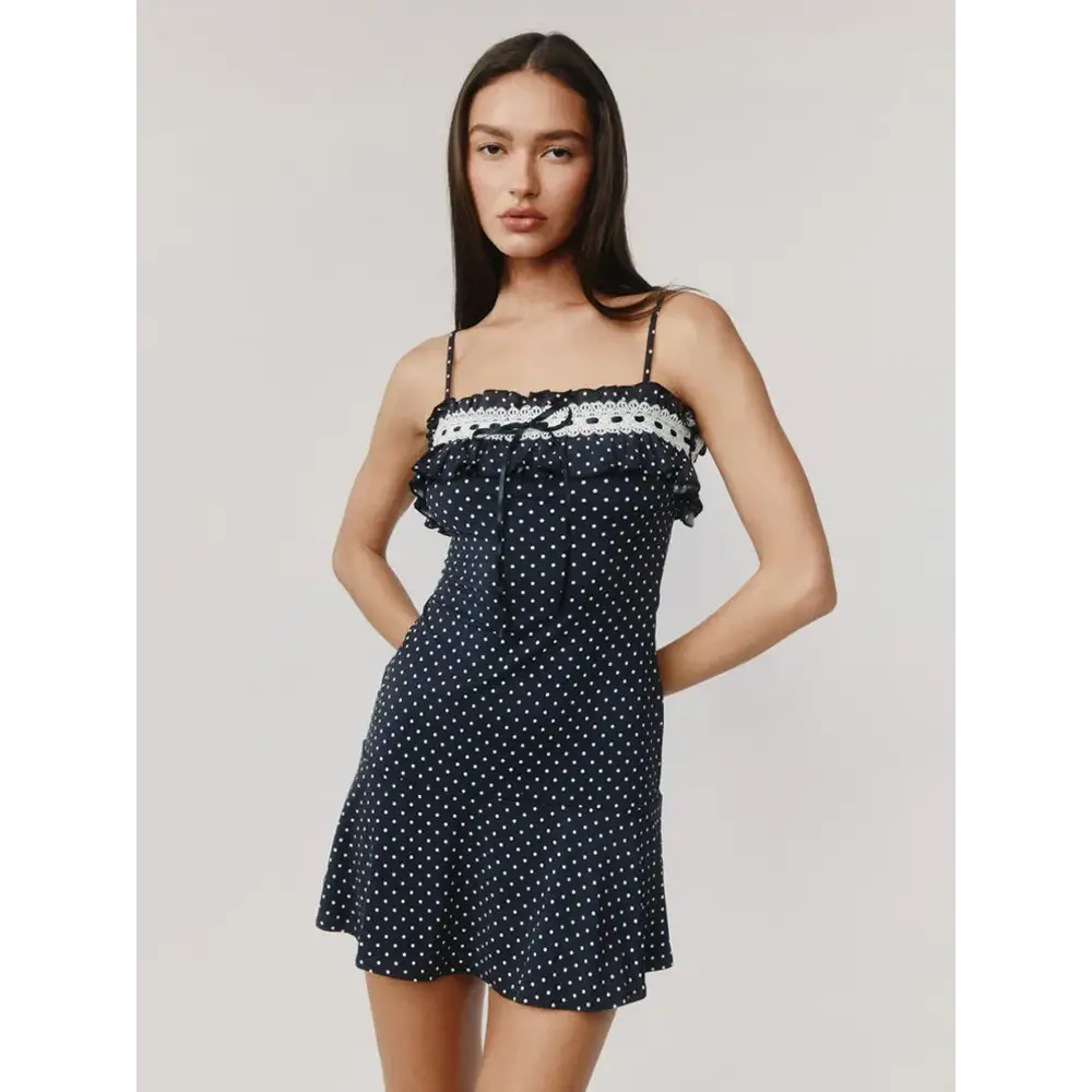 Mozision Spaghetti Strap Polka Dot Mini Dress For Women Robe Contrast Color Off-shoulder Sleeveless Backless Club Party