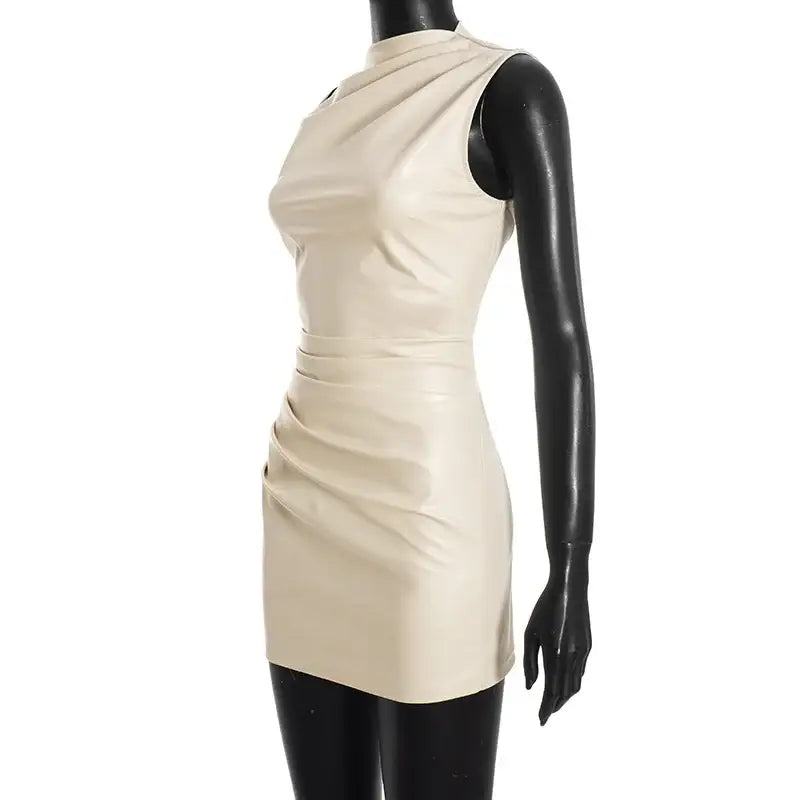PU Leather Mini Dress – Sleeveless Ruched Clubwear - Mini Dresses